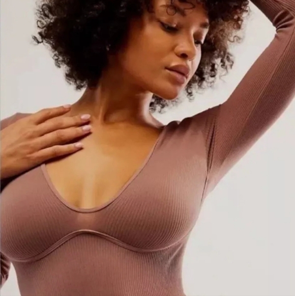 Free People Intimately FP Meg Rib Seamless Thong Bodysuit Mauve Large - Picture 2 of 8